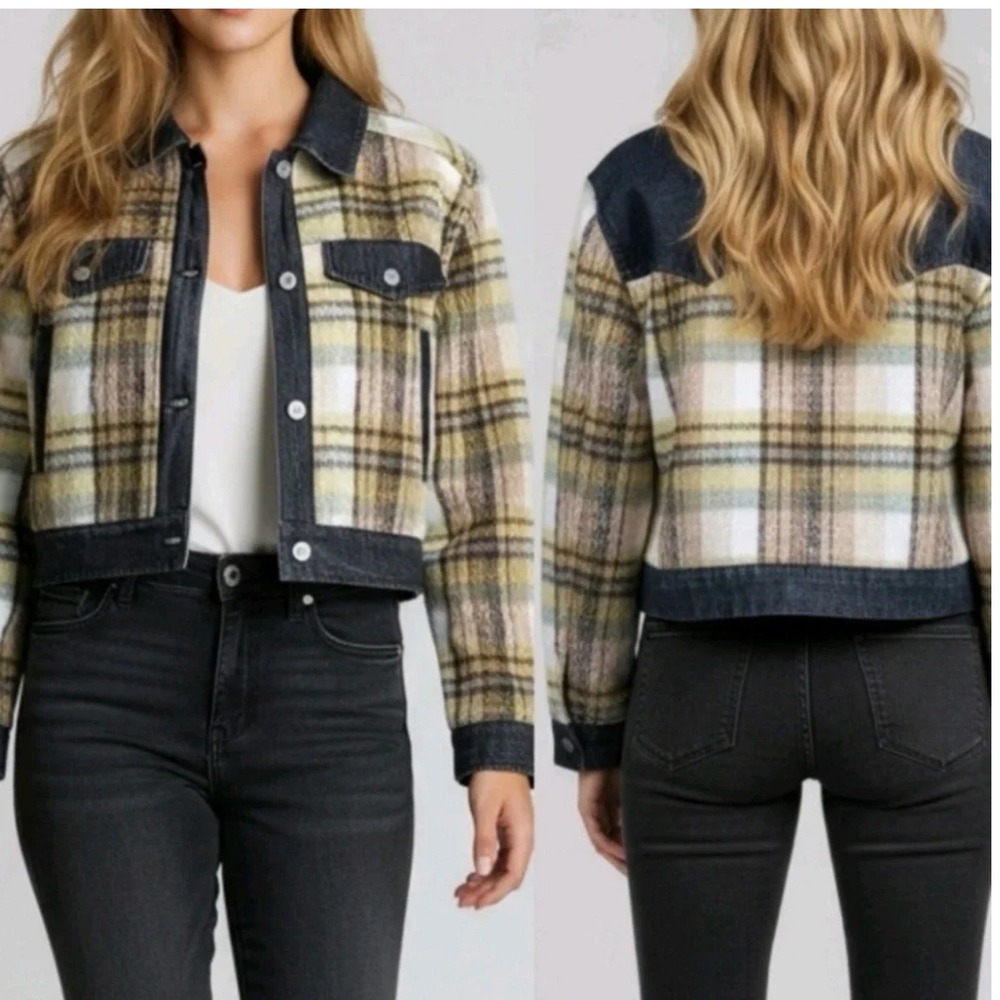 7 For All Mankind Mixed Media Plaid Trucker Jacket Multicolor Gray Women S